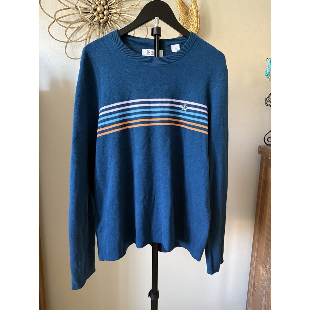 Original Penguin Munsingwear Sweater Mens L Blue Striped Crewneck Retro Preppy